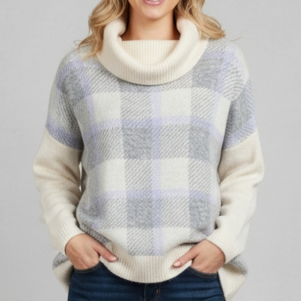 Loft Size Medium NWT Soft Sweater Cream Gray Lavender Loose Turtleneck